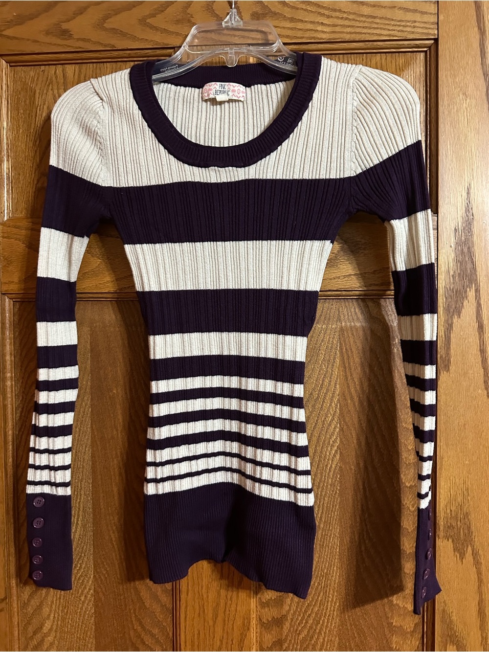 Pink Republic Cream and Burgundy Striped Ribbed Long-Sleeve Sweater